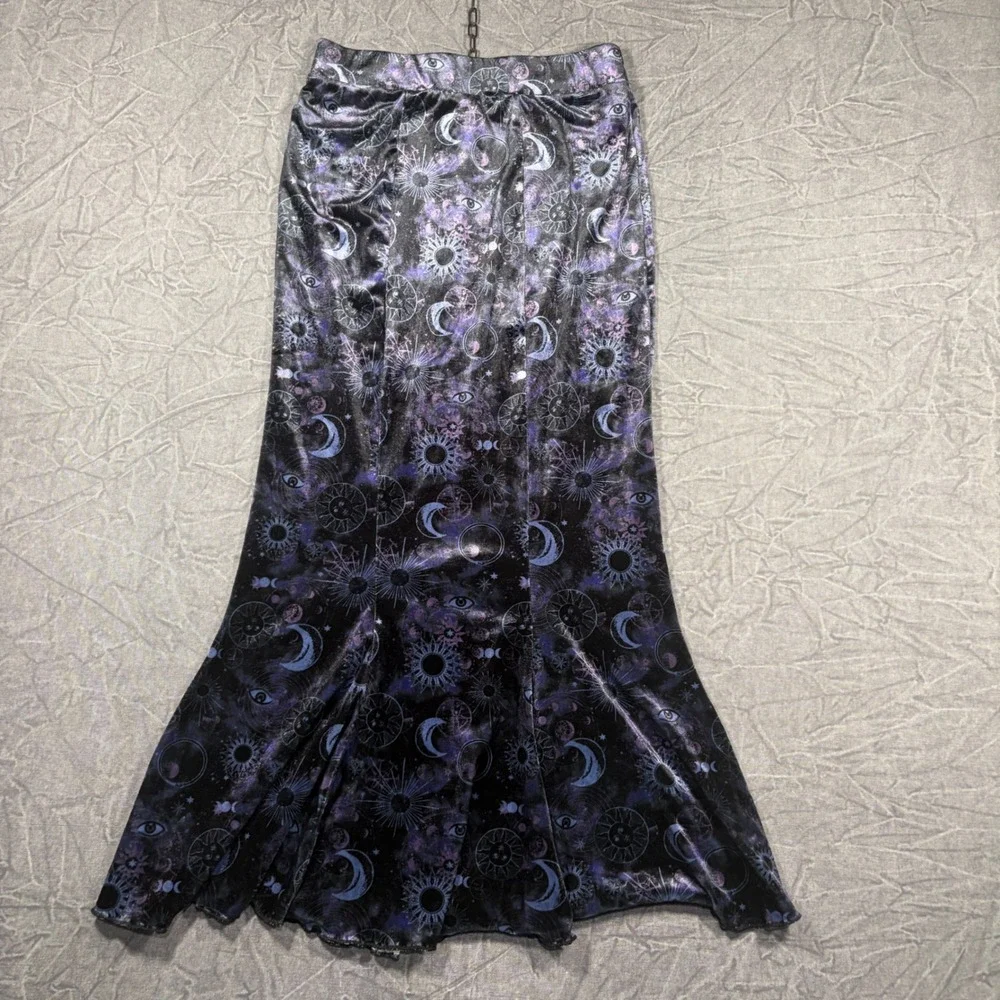 Cosmic Aura Maxi Skirt Women SM Purple Celestial Moon Velvet Flared Mermaid Goth
